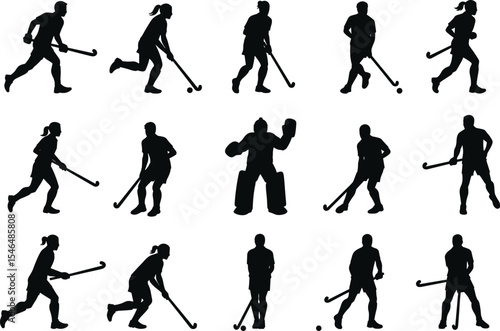 Field hockey silhouettes, athletic player poses, action shots, team sport movement, sports gear, dynamic play concept, black outline figures, fitness motion, competitive game illustration