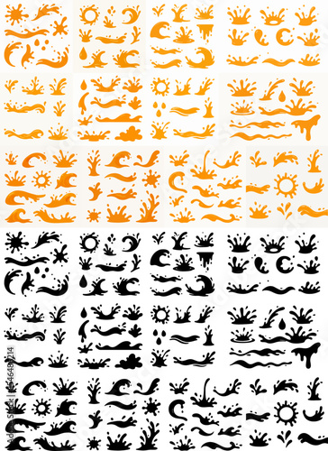 Vector Set Juice splash silhouettes. Cartoon liquid orange juice drops, flows and waves, liquid orange juice splashes flat vector illustration set. Orange juice splash silhouettes