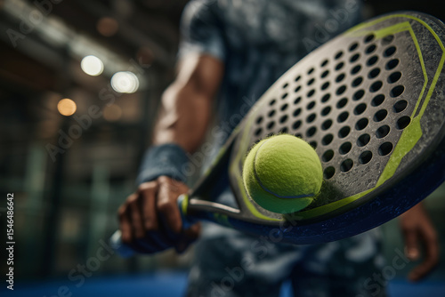 Paddle tennis racket hitting ball. Close- up on the racket