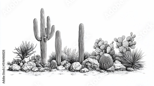 Detailed grayscale drawing of desert cacti and plants