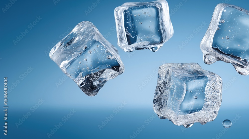 Obraz premium Floating ice cubes against blue background with water droplet detail
