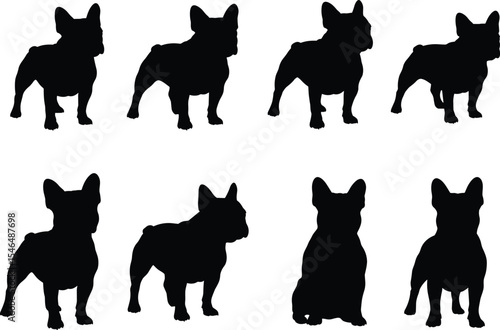 French Bulldog silhouette set, dog poses, sitting standing walking, pet vector collection, animal illustration design, black graphic element, canine breed artwork, cute posture