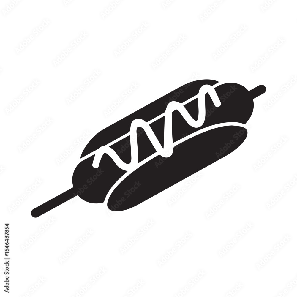 Hot dog Corndog with sausage and mustard vector illustration icon silhouette fast food symbol on white background Hot dog Corndog with sausage and mustard vector illustration icon silhouette fast food symbol on white background
