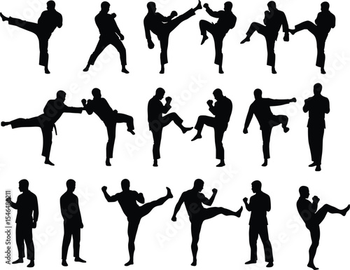 Martial arts silhouette collection, karate taekwondo kickboxing, fighting pose illustration, self-defense training, dynamic combat vector, black and white style, fitness movement concept