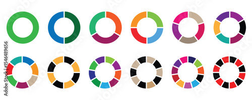 Pie chart infographic design. Circle diagram, Colorful diagram collection with, 1 to 12 sections. Circle division infographic icon set. Flat process cycle. Progress sectors.