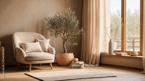 Cozy reading nook with Japandi-rustic fusion style