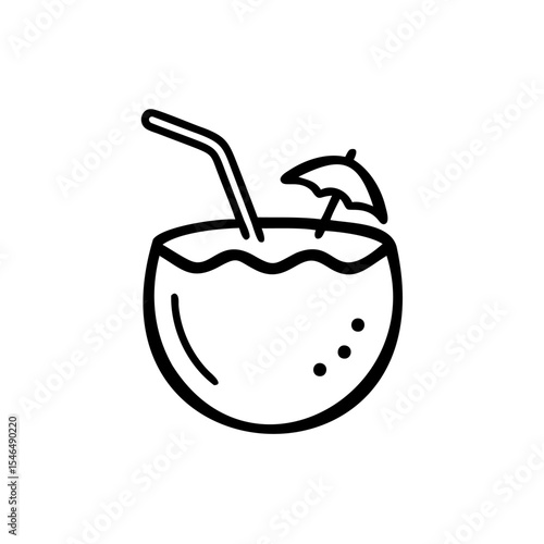 Handdrawn Line Art Coconut Drink with Straw and Parasol Summer Beverage Illustration