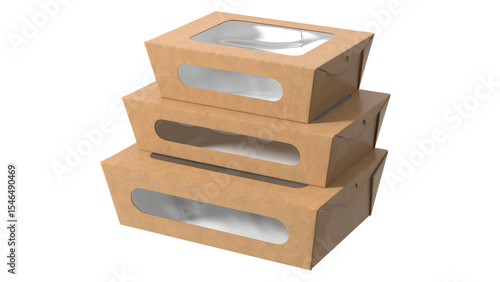 Three stacked cardboard food containers with transparent windows for visibility.