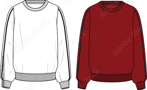 Regular Fit, Unisex Basic Sweatshirt. Technical fashion sweatshirt illustration. Flat apparel sweat template front, white and red colors. Unisex CAD mock-up.