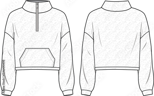 Unisex Half Zip Teddy Borg Sweatshirt. Technical fashion sweatshirt illustration. Front and back, white colour. Unisex CAD mock-up.