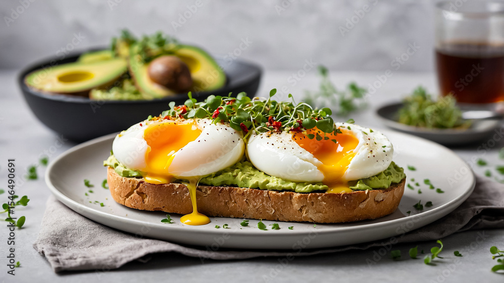 Healthy avocado toast topped with mashed avocado, a perfectly poached egg, chili flakes, and microgreens, served on sourdough bread. Healthy avocado toast topped with mashed avocado, a perfectly poached egg, chili flakes, and microgreens, served on sourdough bread.