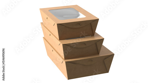 A stack of three brown takeout boxes with a transparent lid, designed for food packaging.