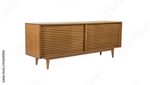 Modern Wooden Sideboard: Elegant Storage Cabinet with Slatted Doors and Tapered Legs

