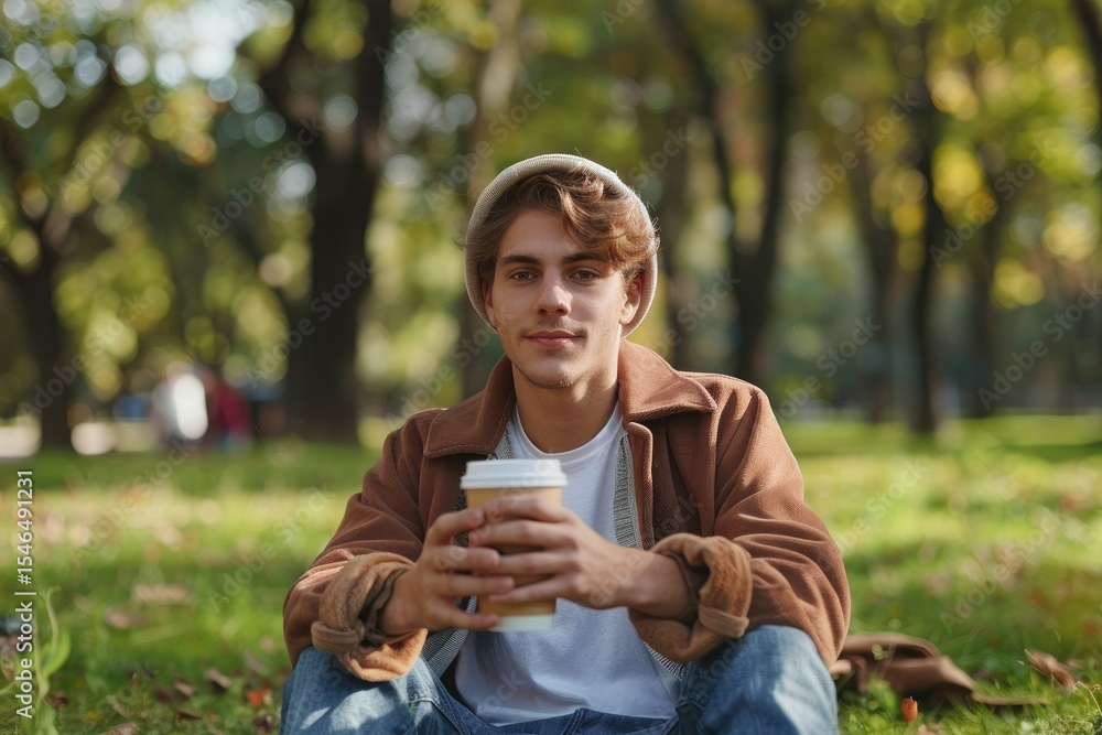Stylish Young Man Sitting in the Park Holding Takeaway Paper Coffee Cup in Hands Stylish Young Man Sitting in the Park Holding Takeaway Paper Coffee Cup in Hands