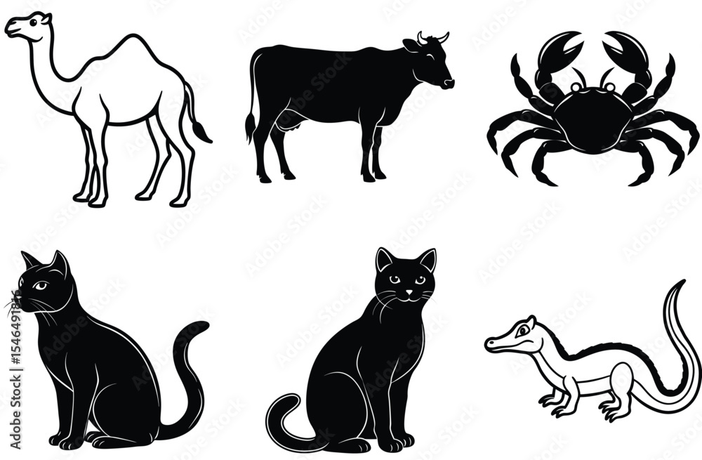 Naklejka premium Vector silhouette animal collection: set of cats, cat and dog, and black cats illustration