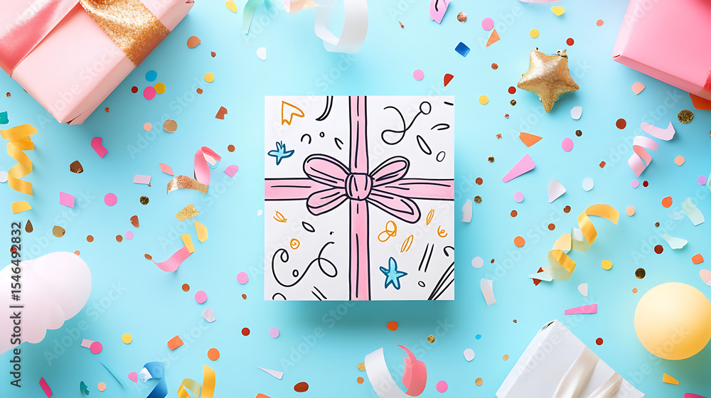 greeting card mockup with bright party-themed doodles, curly gift ribbon, confetti around, cheerful color palette, festive and fun celebration mood. greeting card mockup with bright party-themed doodles, curly gift ribbon, confetti around, cheerful color palette, festive and fun celebration mood.