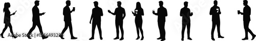 Group of male silhouettes, expressive poses, dynamic posture illustration, standing, arms crossed, confident body language, minimal figure design, isolated people graphic, white background