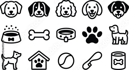 Black and White Dog Breed Icons Food Bowl Bone Collar Paw Print Dog House Ball Leash Can
