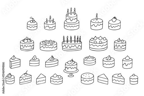 Hand drawn cakes, cupcakes. Doodle style. Designs for International Cake Day and Birthday. Vector illustration