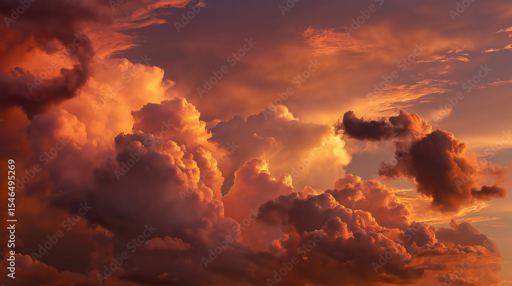 Naklejka premium Dramatic sky filled with vibrant, cotton like clouds is illuminated by warm glow of setting sun, creating breathtaking and serene atmosphere