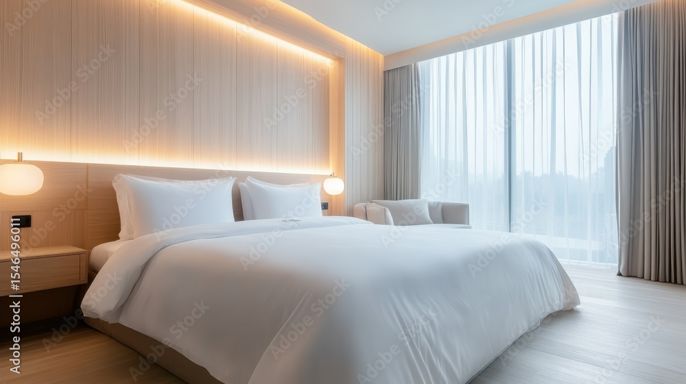 Obraz premium A serene hotel room featuring a minimalist design with soft lighting and ample natural light, creating a peaceful environment perfect for relaxation and comfort.