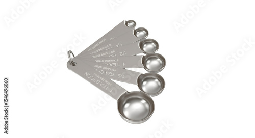 A set of stainless steel measuring spoons arranged in a fan shape, used for precise ingredient measurements in cooking and baking.