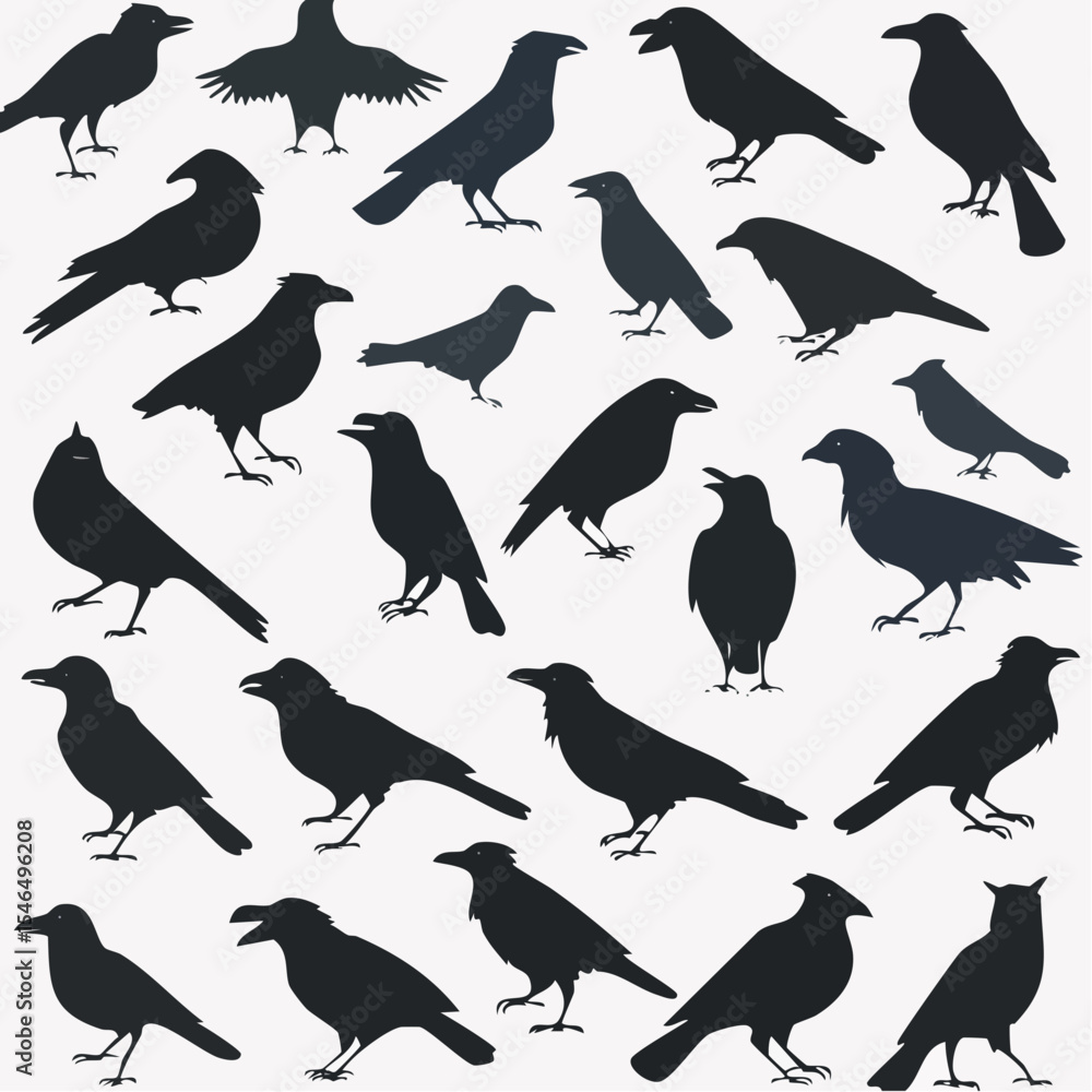 Fototapeta premium Collection of Crow Silhouettes in Black on White Background