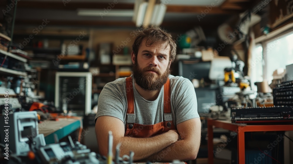 Fototapeta premium A rugged man with a thoughtful expression sits in his cluttered workshop, embodying creativity and determination while surrounded by various tools and electronic devices.