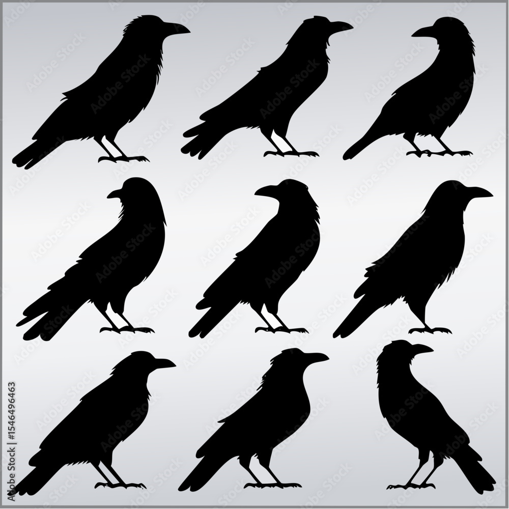 Fototapeta premium Nine Crow Silhouettes Black and White Minimalist Graphic Design