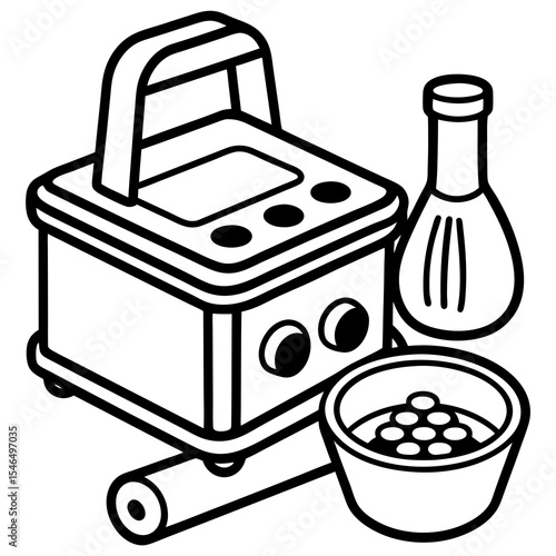 Ultrasonic cleaner with flask and bowl isolated on white background