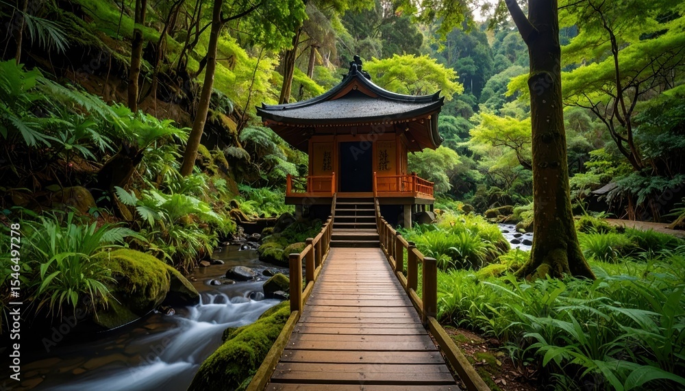Serene Spiritual Pathway Leading to a Secluded Shrine by Stream Serene Spiritual Pathway Leading to a Secluded Shrine by Stream