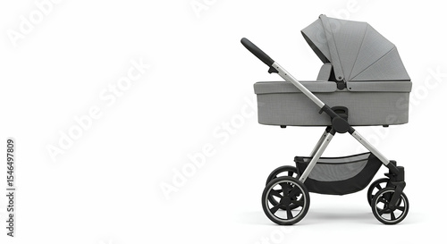 Grey Modern Baby Stroller with Silver Frame on White Background