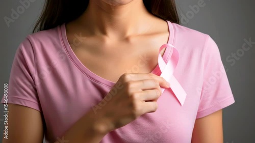Woman in pink shirt holding a pink ribbon, symbolizing breast cancer awareness and support