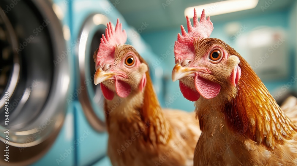 Fototapeta premium Two chickens curiously peering into a colorful laundry room, creating a whimsical and amusing contrast between farm life and domestic space in a vibrant setting.
