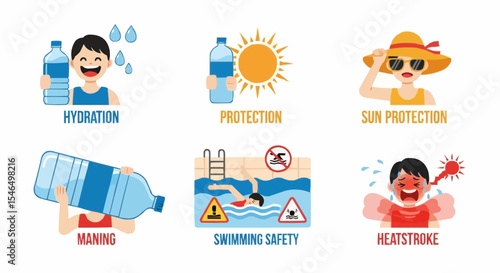 Summer sun protection infographic – tips and icons for staying safe in the heat, UV safety and skin care concept.