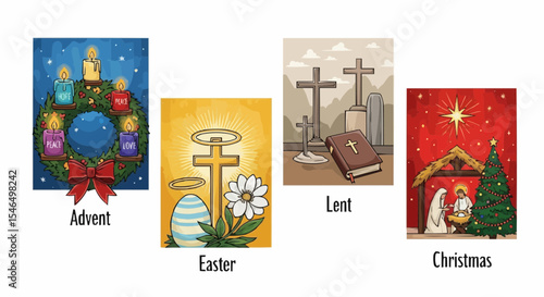 Christian Lent illustration with cross, Bible, candle, and flowers – spiritual preparation and Easter season religious concept.