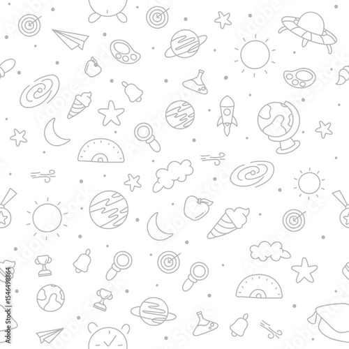 Whimsical Hand-Drawn Pattern with Planets, Stars, and Educational Icons for Kids Backgrounds, Classroom Decor, and Creative Textile Designs.