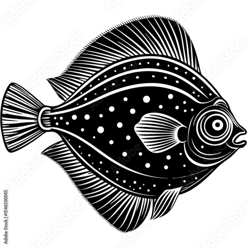 Black and white illustration of a flatfish isolated on white background