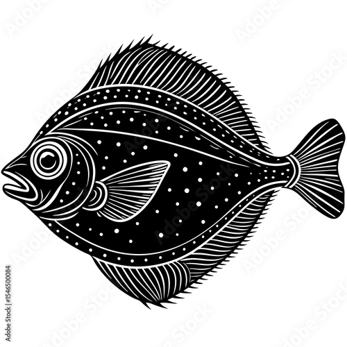 Black and white illustration of a spotted flatfish isolated on white