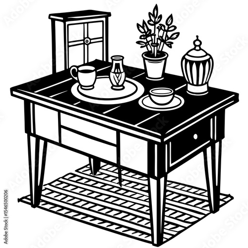 Still life with table cabinet and plants isolated on white background