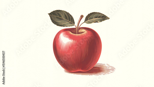 Engraved illustration of a red apple with leaves