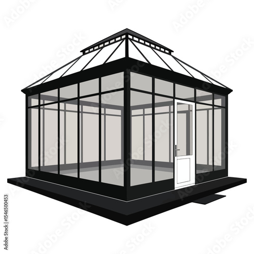 A minimalist architectural illustration of a modern conservatory in black and white