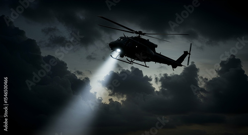 Helicopter Night Flight Through Dark Clouds With Searchlight