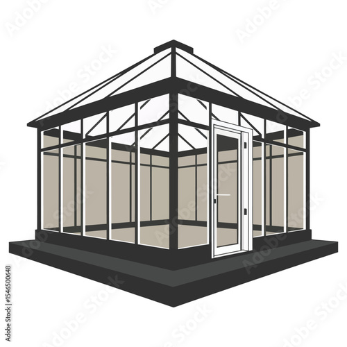 A minimalist architectural illustration of a modern conservatory in black and white