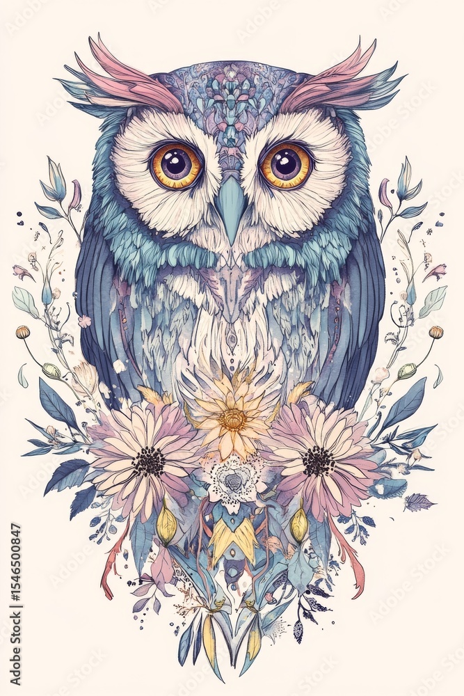Fototapeta premium illustration of animal in vintage boho style. owl on background of plants and flowers. botanical drawing style. Postcard. notebook cover, print concept. scrapbooking wallpapers. digital art
