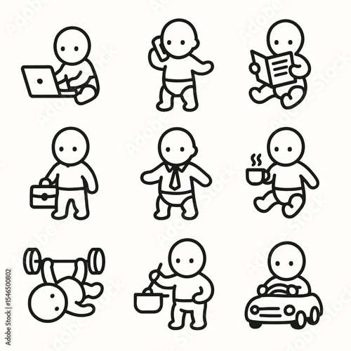 Baby Boss & Business Baby Outline Icons Set
