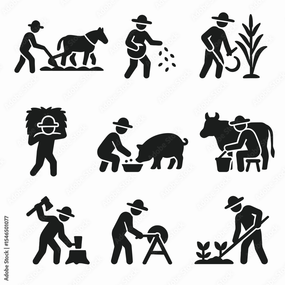 Fototapeta premium A collection of nine line art icons depicting various aspects of peasant life
