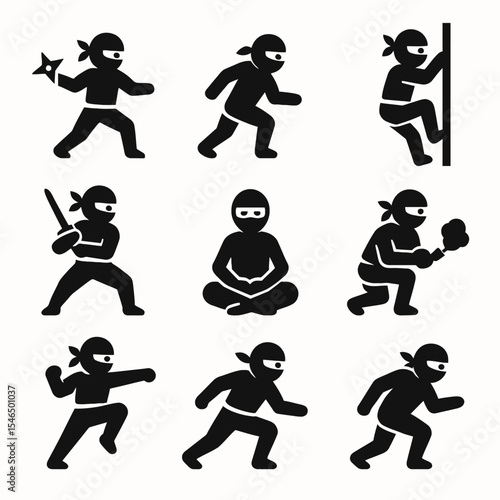 Various Ninja Action Poses - Vector Icons