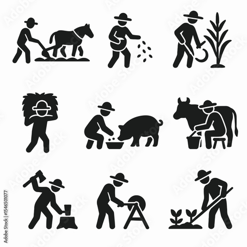 A collection of nine line art icons depicting various aspects of peasant life