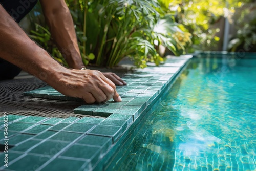 Skilled worker tiles the edge of a pool surrounded by lush greenery in a sunny outdoor setting